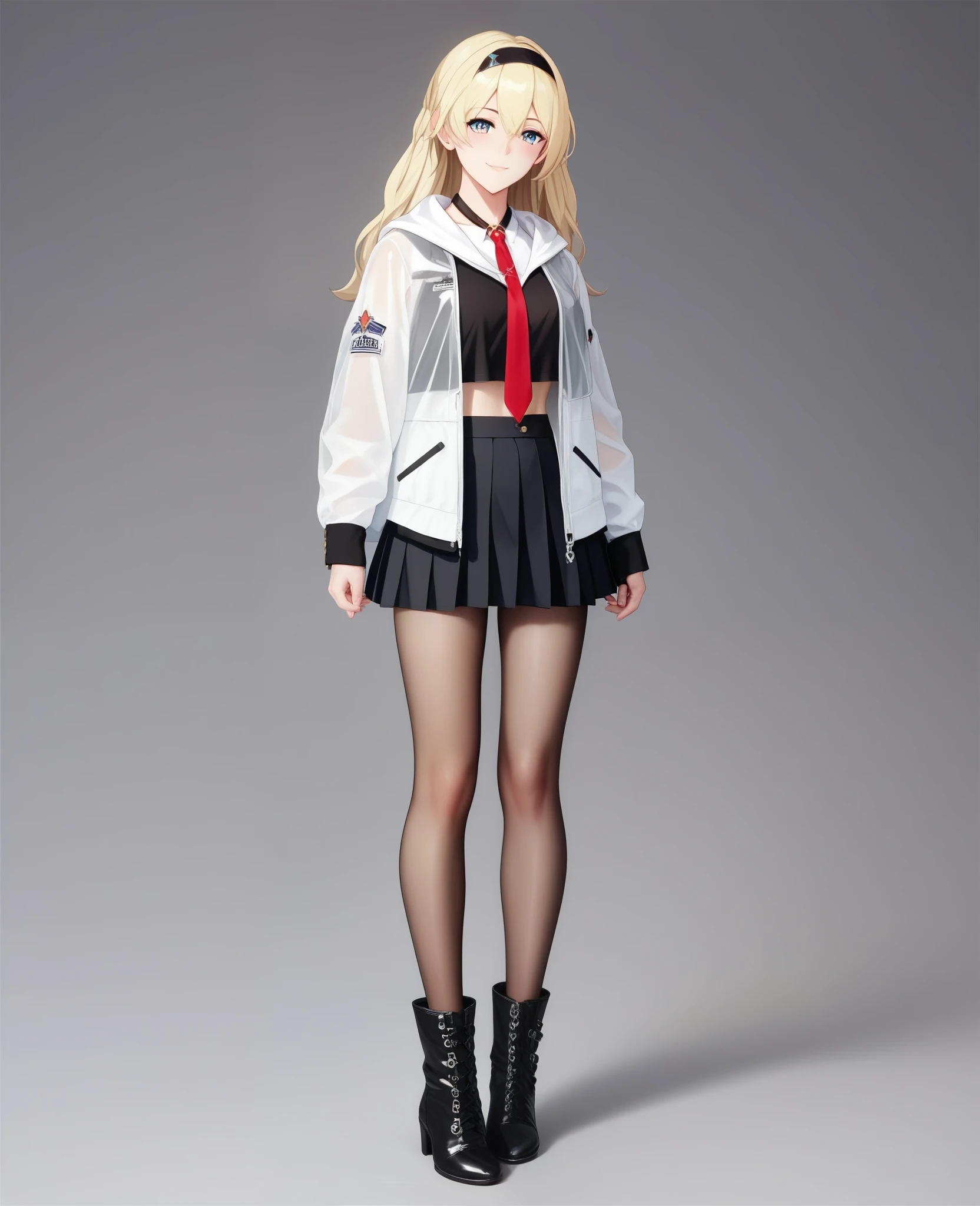 ((best quality)), ((masterpiece)), (detailed), With translucent white yellow skin,Beautiful girl with slender limbs,Hands are not holding anything,Eyes are light yellow,With long straight hair that is almost gray-black,Wearing suit and black top,loose red tie,Black Japanese schoolgirl miniskirt,Wearing a white hooded jacket,Wearing black boots,Very quiet attitude,The breeze gently blows the hair,Full body photo of the front,Give people the feeling of first love。