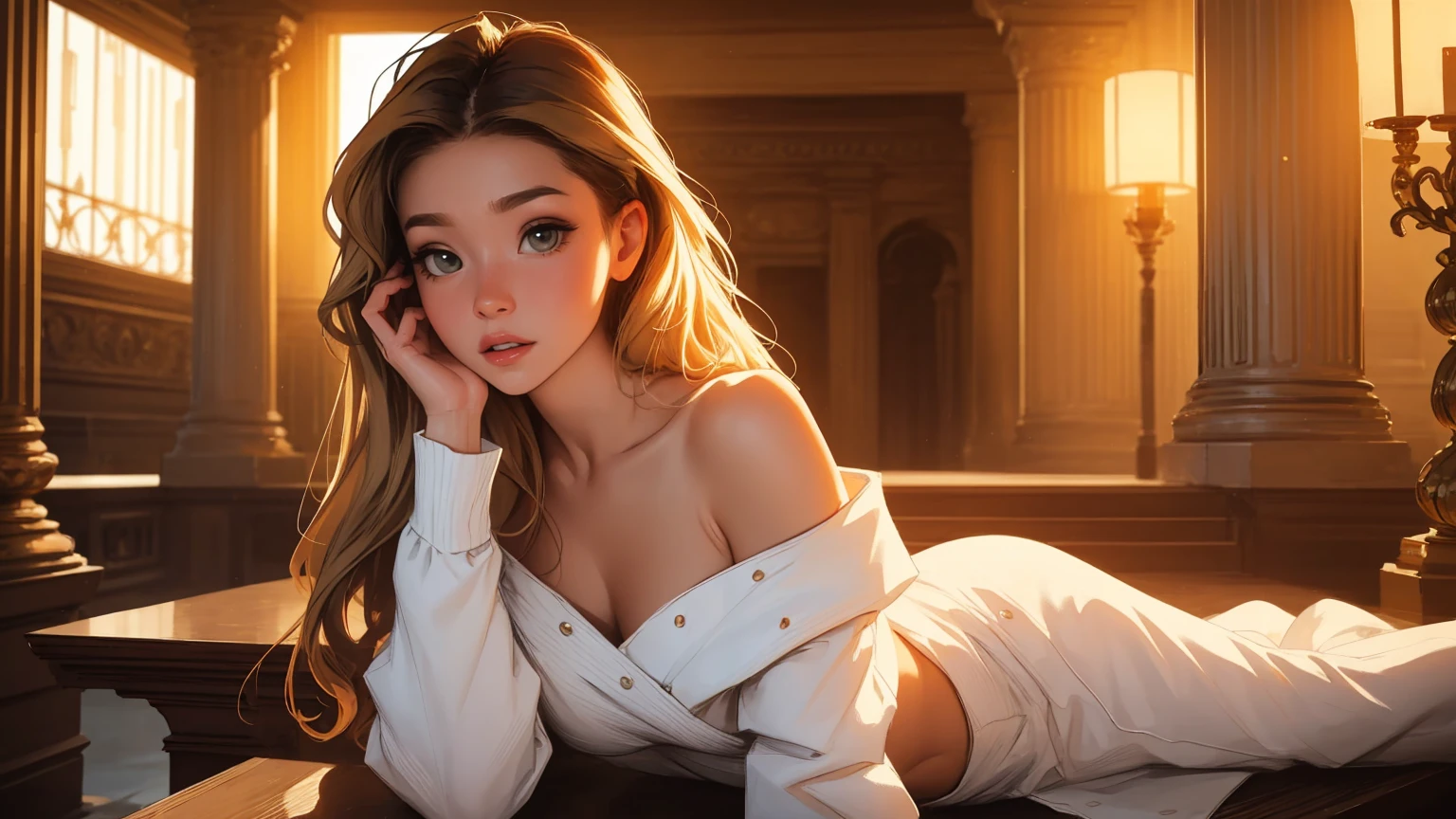 masterpiece, Best quality, 1 girl,photo, wearing tunic, white toga, Studio photography, (Best quality,4K,8 K,a high resolution,masterpiece:1.2), ultra detailed, (realistic,photorealistic,photo-realistic:1.37), portraits, HDR, Greek mythology, beautiful portrait of the goddess Venus, perfect DNA, detailed eyes, detailed lips, stunning beauty, flowing golden hair, nude, perfect body, perfect nude, graceful pose, charming look, bright colors, soft lighting.(Nsfv:1.4) ancient greek deity, looks directly into the camera lens, flowing hair cascades over her shoulders, off shoulder outfit, emphasizing her grace, bright colors, ancient temples and marble columns are softly blurred in the background, the evening Mediterranean light casts a warm glow on her porcelain skin., High-resolution image, digital painting, Spiritual peace, golden ratio composition, cowboy shot, brilliant, brilliant hair, (night:1.2),Dreamy, [[gentle fingers and hands:0.55]::0.85],(detailed fingers),),(emotional),(breathtaking),(main part:1.2) whole body.), (Anime Style), (Super Detailed), (brutal), (uhd, HDR), (8k), (High Resolution: 1.2), (Complex and Beautiful: 1.2)