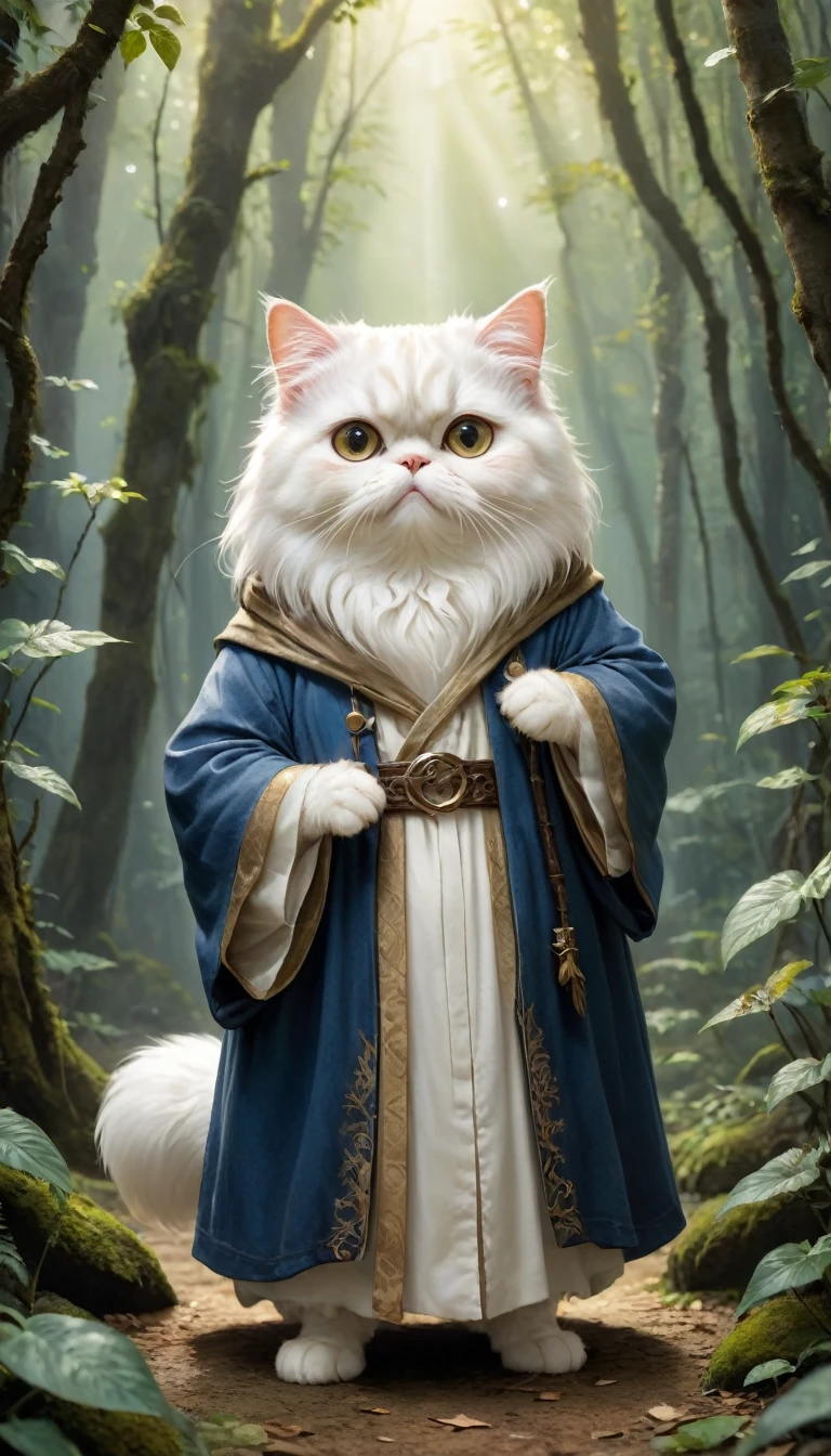 small, かわいいto be bornき物, Wearing wizard robes、 whole body,small , Are standing, Costume, Magical Forest、 Fantasy art, Exquisite detail, Jean-Baptiste Monge Style, office、Alan Lee Style, Anthropomorphic, Fat, White Persian cat with big eyes, Movie Scenes, Dramatic shot angles, , Realistic, to be born々Stunning cinematic photorealism, Action Portrait, 8k, detailed, Full Frame