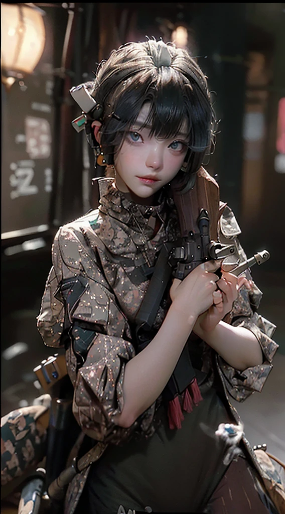 ((Best quality)), ((masterpiece)), (detailed:1.4), ((A sniper:1.5)), 3D, an image of a beautiful cyberpunk female,HDR (High Dynamic Range),Ray Tracing,NVIDIA RTX,Super-Resolution,Unreal 5,Subsurface scattering,PBR Texturing,Post-processing,Anisotropic Filtering,Depth-of-field,Maximum clarity and sharpness,Multi-layered textures,Albedo and Specular maps,Surface shading,Accurate simulation of light-material interaction,Perfect proportions,Octane Render,Two-tone lighting,Wide aperture,Low ISO,White balance,Rule of thirds,8K RAW,
