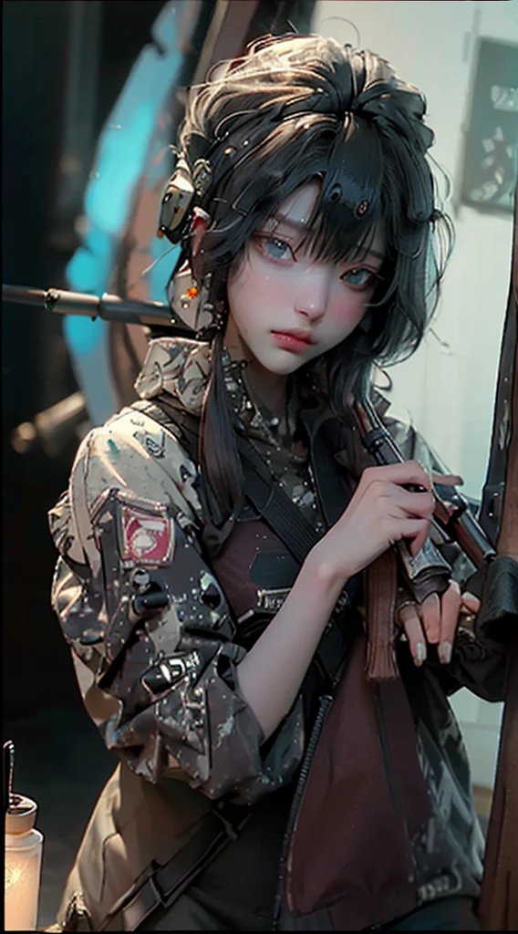 ((Best quality)), ((masterpiece)), (detailed:1.4), ((A sniper:1.5)), 3D, an image of a beautiful cyberpunk female,HDR (High Dynamic Range),Ray Tracing,NVIDIA RTX,Super-Resolution,Unreal 5,Subsurface scattering,PBR Texturing,Post-processing,Anisotropic Filtering,Depth-of-field,Maximum clarity and sharpness,Multi-layered textures,Albedo and Specular maps,Surface shading,Accurate simulation of light-material interaction,Perfect proportions,Octane Render,Two-tone lighting,Wide aperture,Low ISO,White balance,Rule of thirds,8K RAW,