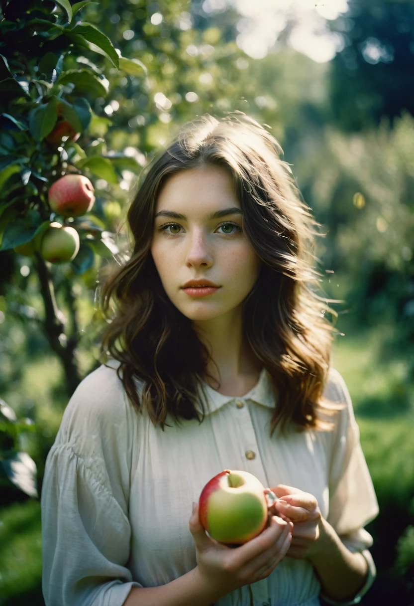 analog photo, a cute woman, 22 years old, holding an apple, in the garden of eden, innocent, Porta 160 color, shot on ARRI ALEXA 65, bokeh, sharp focus on subject, shot by Don McCullin, nsfw,