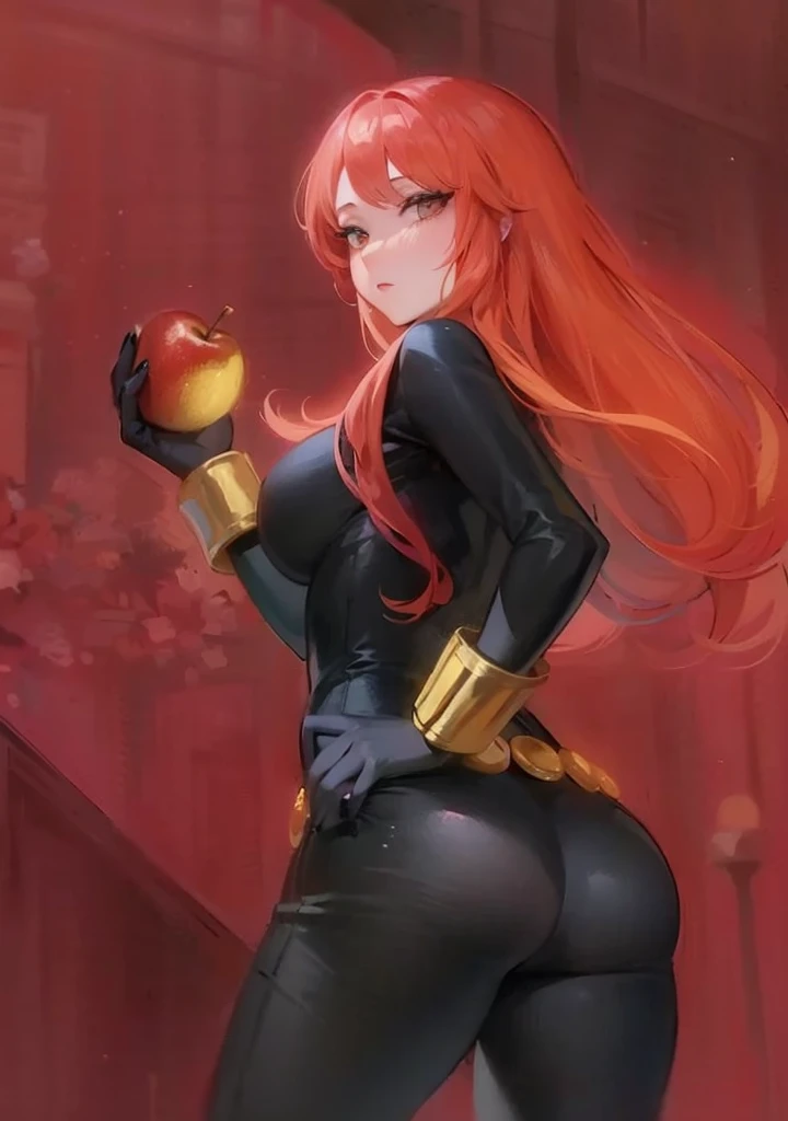 The image is a digital illustration of a red-haired woman wearing a sleek, tight-fitting black latex leather bodysuit. She also wears a belt made with golden circles at the waist and a golden wrist guard adorned with golden sticks at the wrist. She is holding an eaten apple. Her posture and the expression suggested through the descriptions convey confidence and a combination of boldness and seductiveness. The use of color, posture, and expression in the illustration suggests a narrative or character of significant power or intrigue, possibly in a fantasy or superhero context, with a blend of traditional and modern elements reflecting a complex character identity.