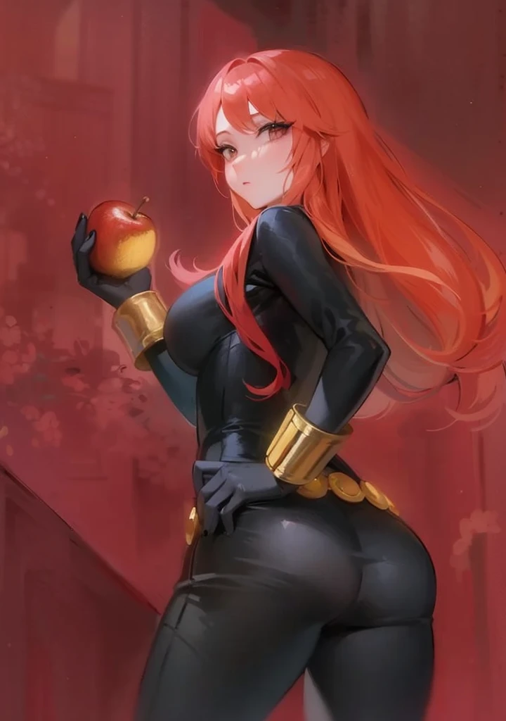 The image is a digital illustration of a red-haired woman wearing a sleek, tight-fitting black latex leather bodysuit. She also wears a belt made with golden circles at the waist and a golden wrist guard adorned with golden sticks at the wrist. She is holding an eaten apple. Her posture and the expression suggested through the descriptions convey confidence and a combination of boldness and seductiveness. The use of color, posture, and expression in the illustration suggests a narrative or character of significant power or intrigue, possibly in a fantasy or superhero context, with a blend of traditional and modern elements reflecting a complex character identity.