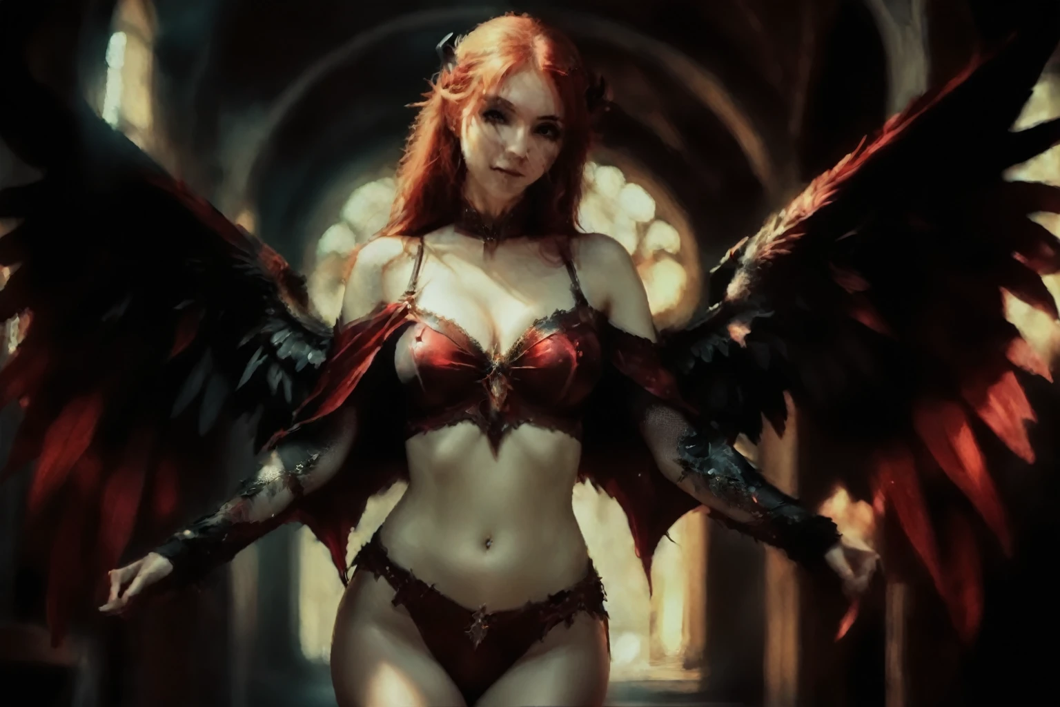 arafed woman with red hair and wings in a dark room, beautiful succubus, succubus | medieval, raven winged female vampire, succubus, diablo 4 lilith, succubus in tight short dress, gothic fantasy art, villainess has black angel wings, lilith, beautiful elegant demon queen, cinematic goddess body shot, epic fantasy art style hd, ((UHD, masterpiece, textured skin, super detail, award winning, best quality, highres, 4K))