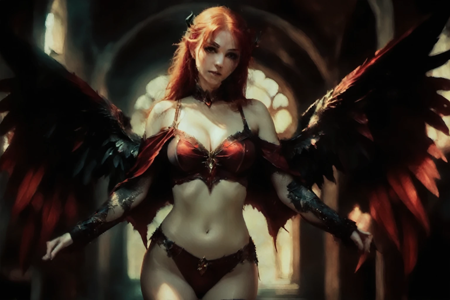 arafed woman with red hair and wings in a dark room, beautiful succubus, succubus | medieval, raven winged female vampire, succubus, diablo 4 lilith, succubus in tight short dress, gothic fantasy art, villainess has black angel wings, lilith, beautiful elegant demon queen, cinematic goddess body shot, epic fantasy art style hd, ((UHD, masterpiece, textured skin, super detail, award winning, best quality, highres, 4K))