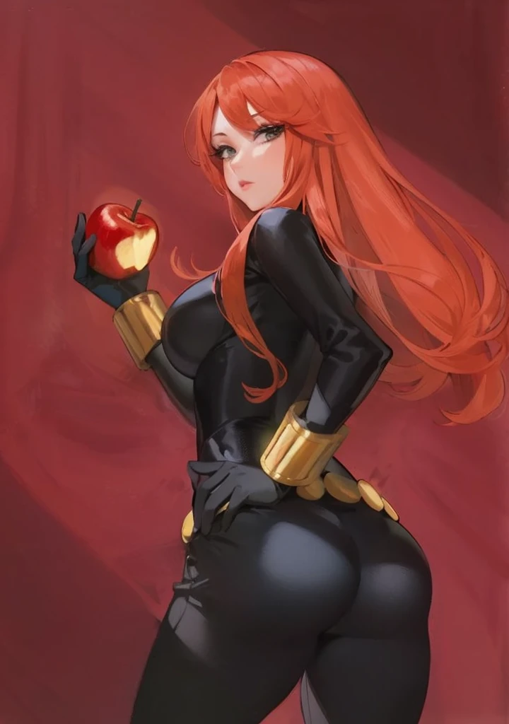 The image is a digital illustration of a red-haired woman wearing a sleek, tight-fitting black latex leather bodysuit. She also wears a belt made with golden circles at the waist and a golden wrist guard adorned with golden sticks at the wrist. She is holding an eaten apple. Her posture and the expression suggested through the descriptions convey confidence and a combination of boldness and seductiveness. The use of color, posture, and expression in the illustration suggests a narrative or character of significant power or intrigue, possibly in a fantasy or superhero context, with a blend of traditional and modern elements reflecting a complex character identity.
