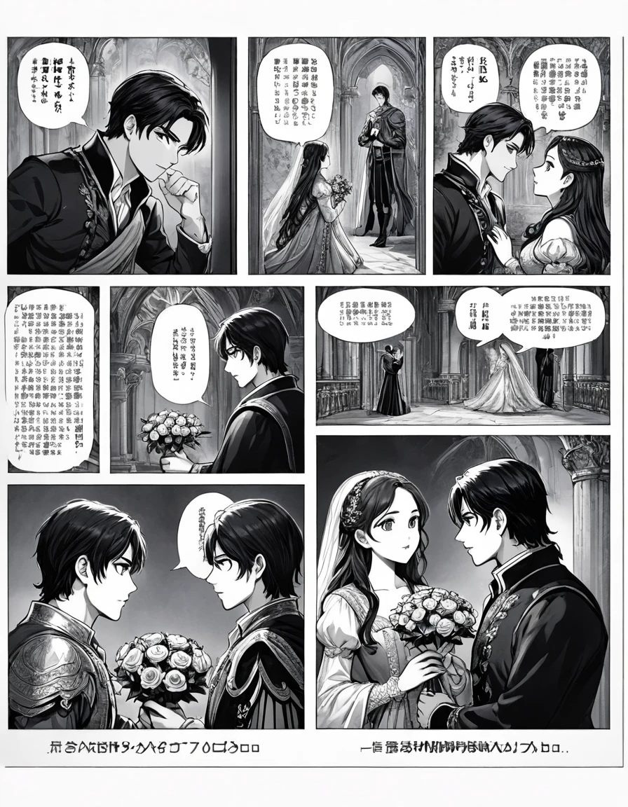 (8k, best quality, master piece: 1.2),super high resolution,ultra-detailed face,deep detailed eyes,A page of a black and white comic book divided into frames、One Western man and one Western woman are Romeo and Juliet、A prince and a princess meet and fall in love,A kneeling prince presents a bouquet of roses to a standing princess,speech bubble、Powerful boy manga style
