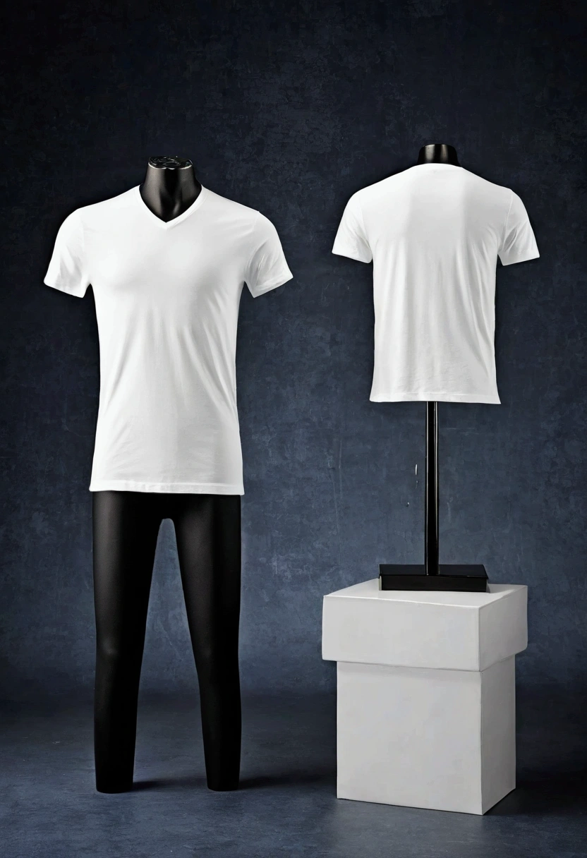 In the center there are two mannequin torsos, each adorned with an impeccable white t-shirt. White Tees modela la vista frontal, its elegant V-neck shape. White Tees looking in the opposite direction, shows off the clean lines and simplicity of the back of the t-shirt