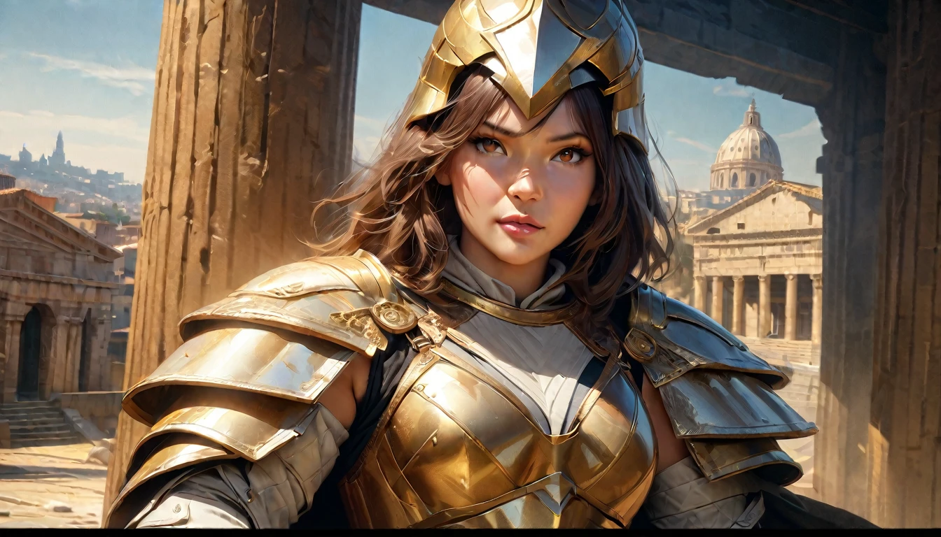 masterpiece, Best quality, 1 girl,photo, wearing hoplite armor, white toga, Studio photography, (Best quality,4K,8 K,a high resolution,masterpiece:1.2), ultra detailed, (realistic,photorealistic,photo-realistic:1.37), portraits, HDR, Greek mythology, cowboy shot ,realistic, Best quality, masterpiece, realistic , shoulder pads armor, armored boots,mittens, standing, Brown hair, whole body, Holds a great sword, breastplate, Leggings, I look at the viewer, boots, shoulder armor, Brown eyes, e.g,galea helmet, flutter e.g, Rome city background , atmospheric perspective. , ancient temples and marble columns are softly blurred in the background, the evening Mediterranean light casts a warm glow on her porcelain skin., High-resolution image, digital painting, Spiritual peace, golden ratio composition, cowboy shot, brilliant, brilliant hair, (night:1.2),Dreamy, [[gentle fingers and hands:0.55]::0.85],(detailed fingers),),(emotional),(breathtaking),(main part:1.2) whole body.), (Anime Style), (Super Detailed), (brutal), (uhd, HDR), (8k), (High Resolution: 1.2), (Complex and Beautiful: 1.2)