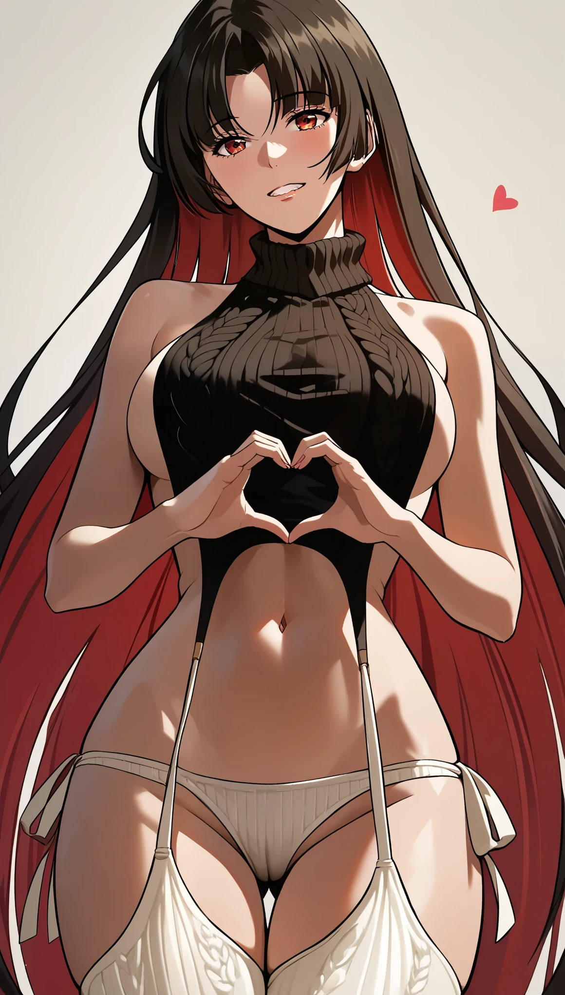 score_9, score_8_up, score_7_up, score_6_up, score_5_up, score_4_up, uncensored, Moebius, red eyes, black hair, very long hair, parted bangs, BREAK (masterpiece:1.2), best quality, high resolution, (detailed eyes:1.3), perfect lighting, (perfect hands, perfect anatomy), large breasts, standing, virgin_destroyer_sweater, heart hands, embarrassed, clenched teeth,