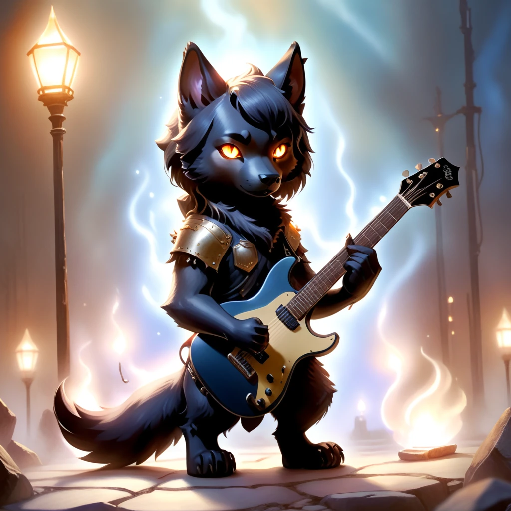 ethereal fantasy concept art of  (Highest Quality, 4k, masterpiece:1.1), (realism, photorealistic:1.4), ray traced, hyper realism, soft lighting, detailed background, film grain, (detailed fur texture:1.3),
BREAK
((black metal)) anthro shiba inu plays his guitar on the last day on earth ,(wearing black metal outfit),(( post-apocalyptic destroyed dieselpunk city background)) , fangs , angry, paws,(new dawn), (aurora borealis) , closeup, high quality photography, 3 point lighting, flash with softbox, 4k, Canon EOS R3, hdr, smooth, sharp focus, high resolution, award winning photo, 80mm, f2.8, bokeh . magnificent, celestial, ethereal, painterly, epic, majestic, magical, fantasy art, cover art, dreamy