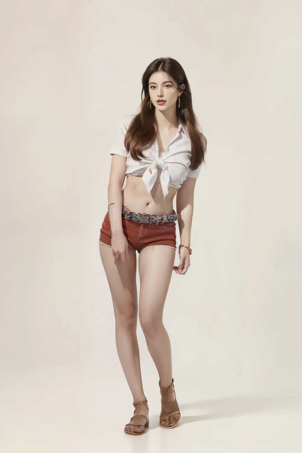 ((beauty eyebrows:1.4,beauty eyes:1.4,head out of frame:1.4,lower body:1.4,covering crotch:1.4,(((hand between legs:1.4))))),(((((full body:1.4,standing:1.4,looking at downside:1.4)),((red micro shorts:1.4,)),calf:1.4,ankle:1.4,high angle:1.4,knees together feet apart:1.4,sexy:1.4,beauty face:1.2,belt:1.4,1girl:1.4,large breast:1.4,Connie:1.4,long hair:1.2,tied shirt:1.2,earrings:1.2, navel:1.2))),((simple background:1.4)),(photo realist: 1.4), (hiper realist: 1.4), (realist: 1.3), (smoother lighting: 1.05), (Improve the quality of movie lighting: 0.9), 32K(increase the beauty of skin texture: 1.4, better quality, (beauty), (masterpiece:1.4), (Physically based rendering:1.4), (ultra high resolution:1.4), (best quality:1.4)