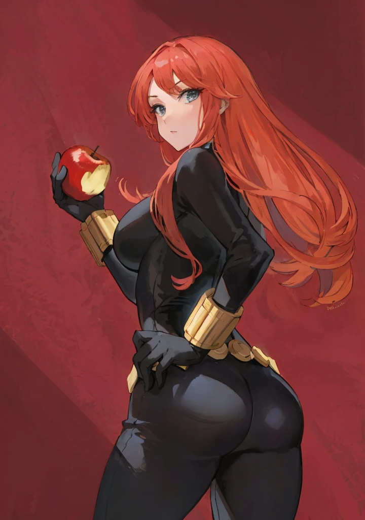 The image is a digital illustration of a red-haired woman wearing a sleek, tight-fitting black latex leather bodysuit. She also wears a belt made with golden circles at the waist and a golden wrist guard adorned with golden sticks at the wrist. She is holding an eaten apple. Her posture and the expression suggested through the descriptions convey confidence and a combination of boldness and seductiveness. The use of color, posture, and expression in the illustration suggests a narrative or character of significant power or intrigue, possibly in a fantasy or superhero context, with a blend of traditional and modern elements reflecting a complex character identity.