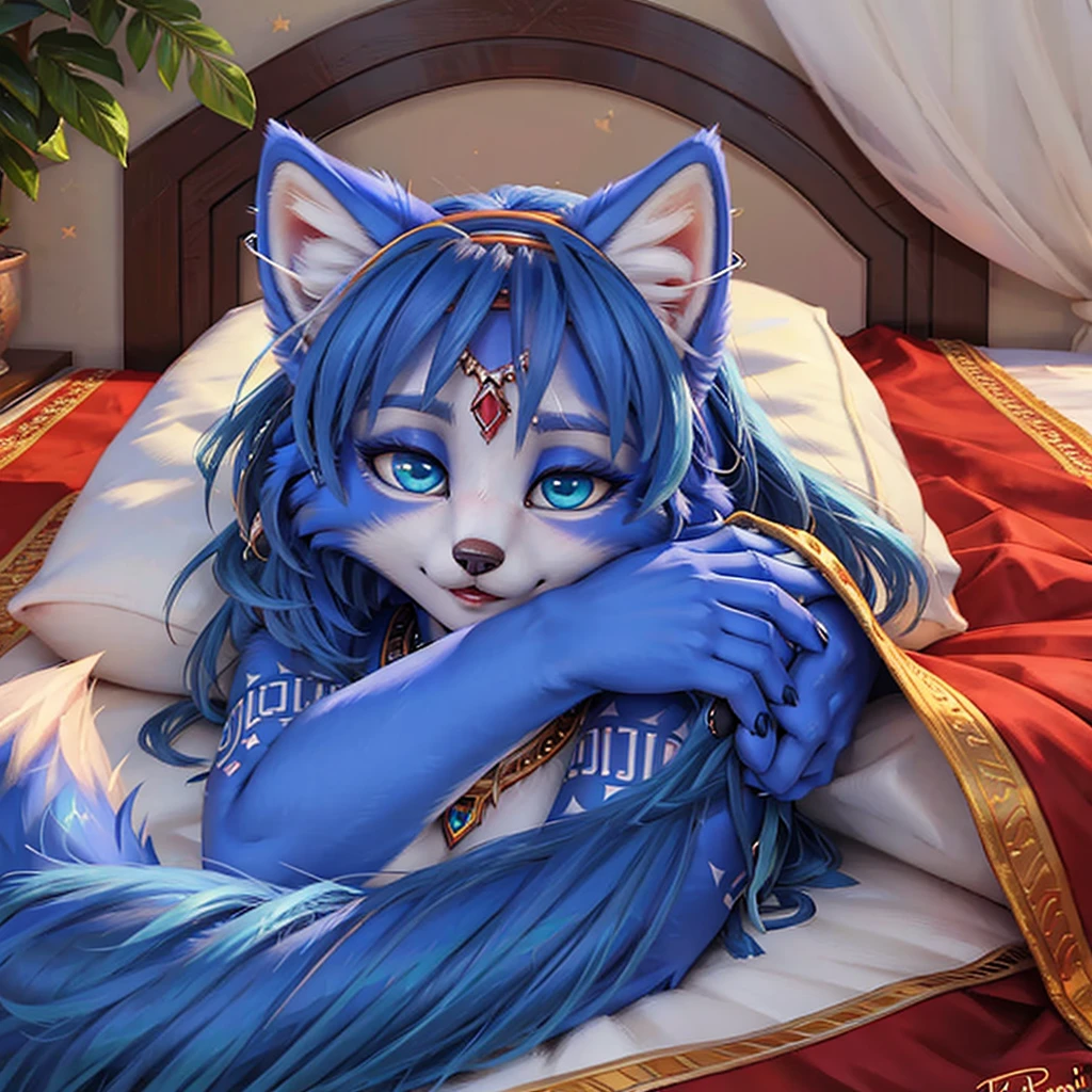 A beautiful and detailed (sweet picture) of ((Krystal)), Star Fox Krystal,  green eyes, medium breasts, (((Long blue hair 1.3))),  anthro, furry, (of Fluff-Kevlar, Bayard Wu, Personalami, Pino Daeni),  detailed fluffy fur, detailed face, (fluffy), 1 girl, alone, lies on a blanket, looks at the viewer, Viewer is above her, sleeps curled up, cuddles with her tail