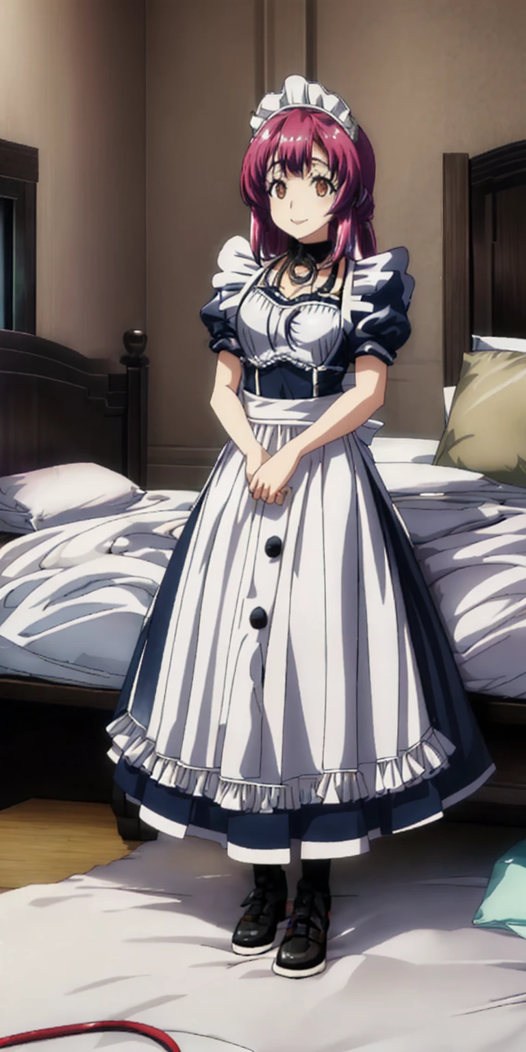 Sherry maid slave on bed open arms and spreading legs laying on bed, happy (masterpiece, top quality, best quality) pixel art, Slave 1girl full body toe to head, maid dress