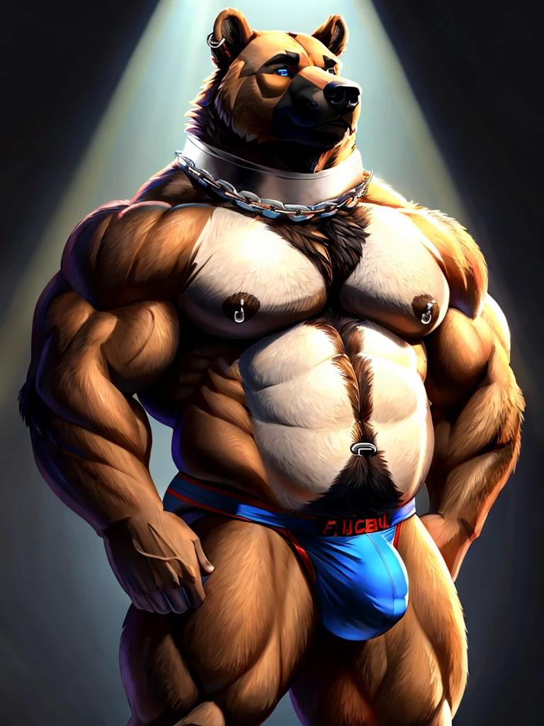 My fursona is a split species, part grizzly bear and part German Shepherd dog. He stands mostly bipeadel, but his general body shape alows him to easily take a quadrupedal sance. For his face, the muzzle leans more towards a bear's, while the ears are more like a dog's. The general head shape is a decent blend of the 2 species, with dark blue eyes. He has a large and thick silver septum nose piercing as well as a 2 silver cartilage cruncher ear hoops on his right ear. Around his neck is a thick chain linked together on his chest by a red padlock. He has broad shoulders like a bear, and thick arms combining muscles covered with a layer of fat leading to bear paws with oposable thumbs. He has a black lether armband around eack large bicep. Each paw has a silver ring on what would be the ring finger and a dark red ring on what would be the middle finger. His chest is pretty prominent, with large stone pectorals covered in minimal fat with both nipples pierced with silver hoops. His torso is fairly muscular with a layer of fat barley covering his muscle gut. He does not wear a shirt at all. His waist is wide and his butt is fairly round and plump, framed by the straps of the black and dark red jockstrap he wears, the same jockstrap that hugs a larger then average bulge at his crotch. At the base of his back above the back of his jockstrap is a thick, fluffy German Sheppered tail. His thighs muscular and are quit large at the top but slowly tapper to be a little bit thiner the closer they are to the knees. From the knees down, his legs take on a dog's typical hind legs shaped with the elongated foot, ending in strong, thick dog paws. His fur pattern and colors are those of a Germen Shepered, with a little more orange coming through the light brown parts of his fur.