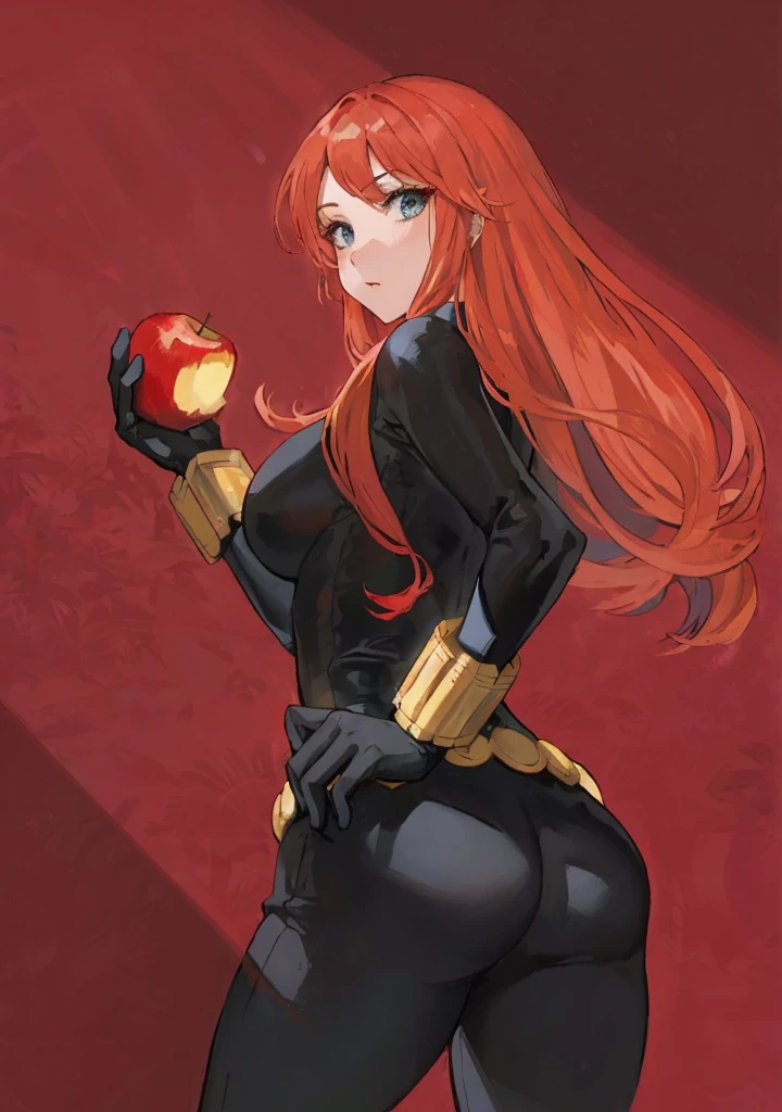 The image is a digital illustration of a red-haired woman wearing a sleek, tight-fitting black latex leather bodysuit. She also wears a belt made with golden circles at the waist and a golden wrist guard adorned with golden sticks at the wrist. She is holding an eaten apple. Her posture and the expression suggested through the descriptions convey confidence and a combination of boldness and seductiveness. The use of color, posture, and expression in the illustration suggests a narrative or character of significant power or intrigue, possibly in a fantasy or superhero context, with a blend of traditional and modern elements reflecting a complex character identity.