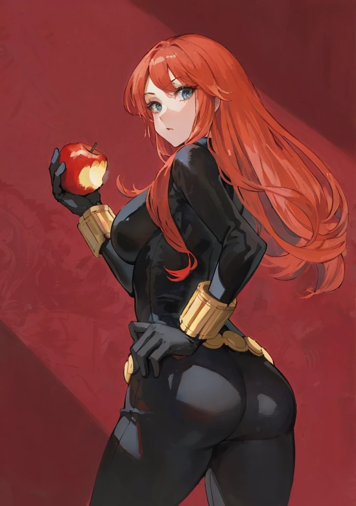 The image is a digital illustration of a red-haired woman wearing a sleek, tight-fitting black latex leather bodysuit. She also wears a belt made with golden circles at the waist and a golden wrist guard adorned with golden sticks at the wrist. She is holding an eaten apple. Her posture and the expression suggested through the descriptions convey confidence and a combination of boldness and seductiveness. The use of color, posture, and expression in the illustration suggests a narrative or character of significant power or intrigue, possibly in a fantasy or superhero context, with a blend of traditional and modern elements reflecting a complex character identity.