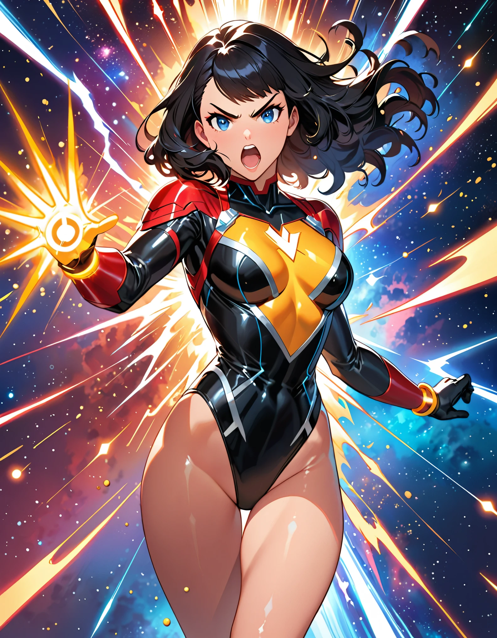 anime girl in a red and black suit standing in space with legs together, extremely detailed artgerm, style artgerm, style ivan talavera and artgerm, krenz cushart and artgerm, range murata and artgerm, artgerm style, in the style artgerm, ig model | artgerm, artgerm detailed, black hair, long hair, medium hair, blue eyes, (leotard), bare legs, matching boots and gloves, superhero, bracelets, solo, solo focus, (silver (v) (symbol) on chest, energy pulse, yellow aura in her body, power surge, angry, open mouth, diffraction spikes, light particles.