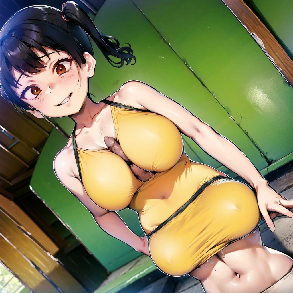 gesugaoをしながらtitfuckをするsasaki kanna, Yellow Tank Top, underboob, Sweat, Black hair twin tails, Guess face, smile, crazy Smile, 勝ち誇ったsmile, Her body is like that of a slender , but her breasts are large., A strong penis with visible veins is sandwiched between breasts, Dim torture chamber, prison, 狂気じみたsmile, 凄まじいsmile, stick out your tongue and tease, pupils are small, Grab both breasts with both hands