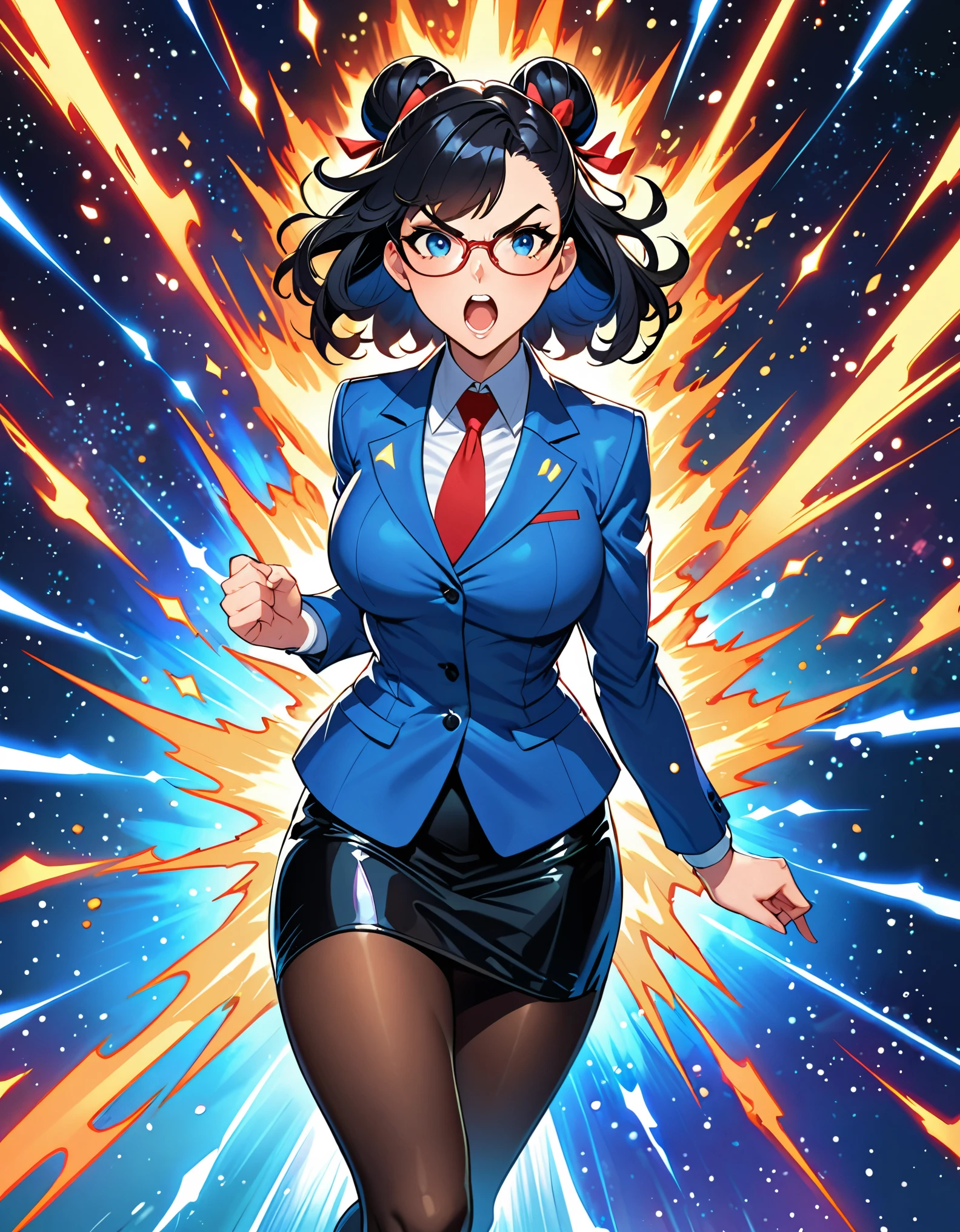 anime girl in a blue suit standing in space with legs together, extremely detailed artgerm, style artgerm, style ivan talavera and artgerm, krenz cushart and artgerm, range murata and artgerm, artgerm style, in the style artgerm, ig model | artgerm, artgerm detailed, black hair, long hair, medium hair, blue eyes, solo, solo focus, hair bun, glasses teacher, pencil skirt, full black pantyhose, matching shoes, energy pulse, aura in her body, power surge, angry, open mouth, diffraction spikes, light particles