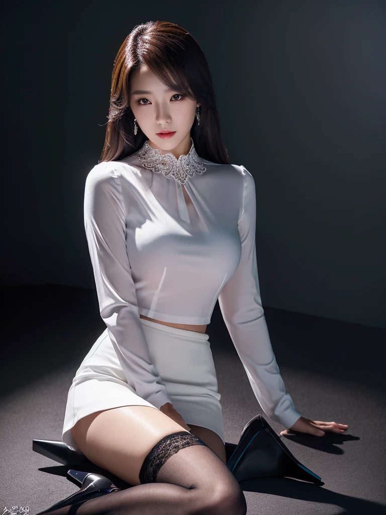 a beautiful korean woman, white shirt blouse, short tight black skirt, black stockings, high heels, looking at camera, detailed face, female portrait, realistic, photorealistic, 8k, highly detailed, studio lighting, vibrant colors, cinematic lighting, elegant fashion, beautiful skin, intricate details, sharp focus