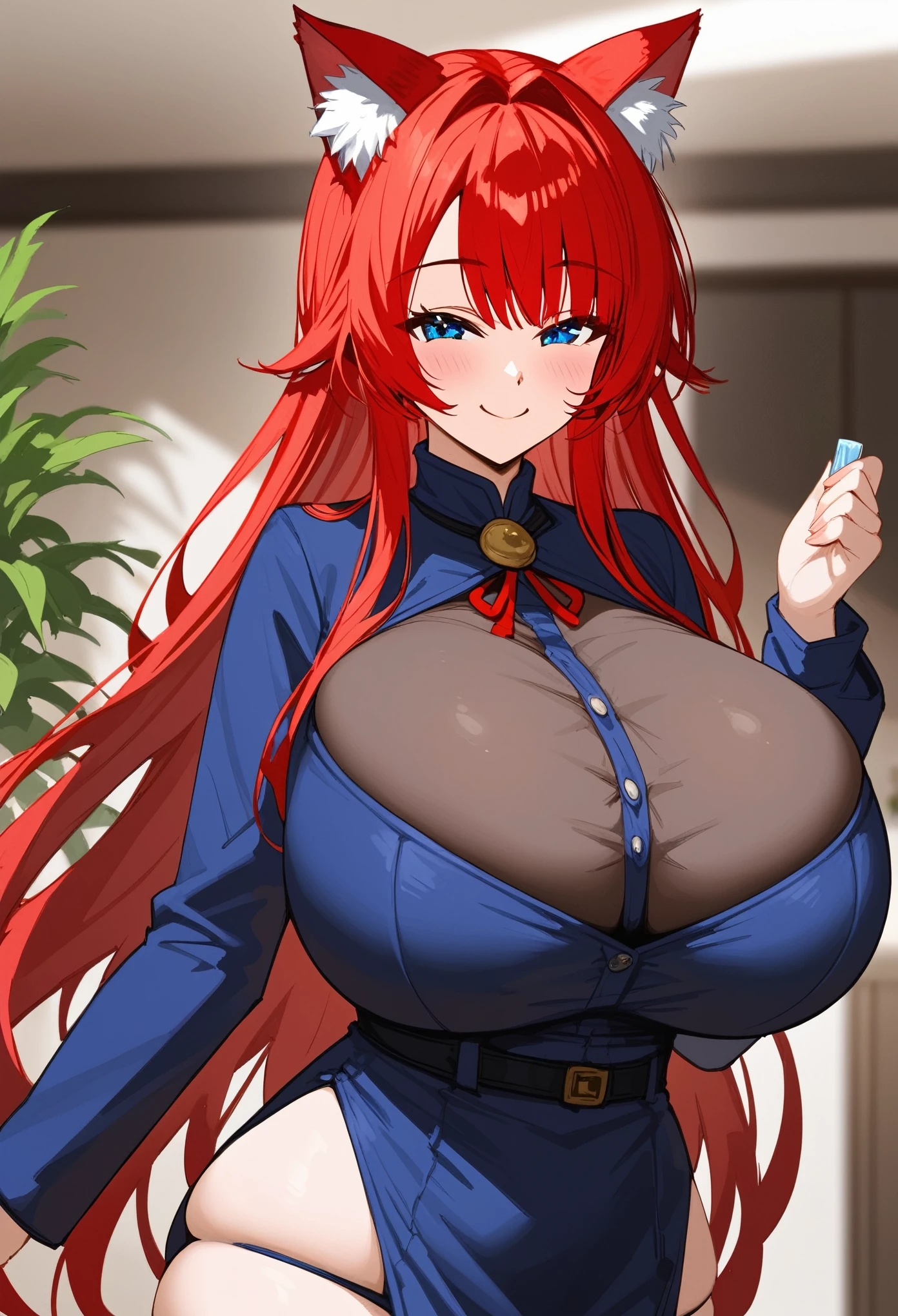 1girl, Blue eyes, Long Hair, Bangs, red Hair, huge breasts, Smile, Blush, Light Smile, cat ears