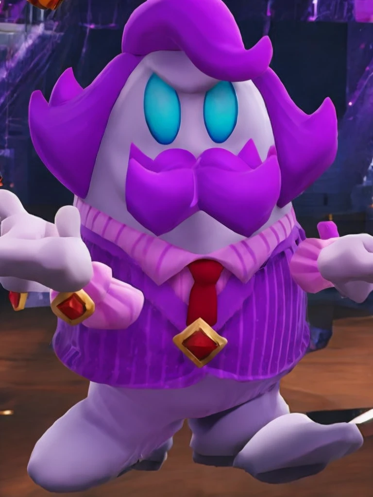  haltmann, purple hair, purple mustache, arms, wearing a dark blue suit with pink vertical lining, pink shirt, red tie, black shoes, gold suit button with a red diamond, pale purple gloves, pink cuffs, pale purple skin, blue eyes, golden earpiece with antenna