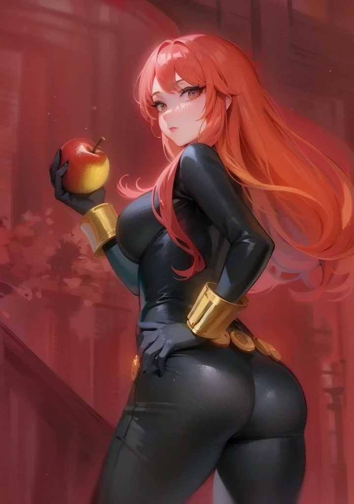 The image is a digital illustration of a red-haired woman wearing a sleek, tight-fitting black latex leather bodysuit. She also wears a belt made with golden circles at the waist and a golden wrist guard adorned with golden sticks at the wrist. She is holding an eaten apple. Her posture and the expression suggested through the descriptions convey confidence and a combination of boldness and seductiveness. The use of color, posture, and expression in the illustration suggests a narrative or character of significant power or intrigue, possibly in a fantasy or superhero context, with a blend of traditional and modern elements reflecting a complex character identity.