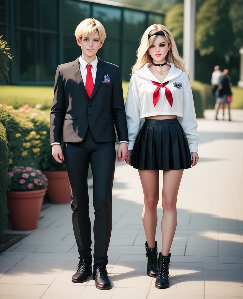 ((best quality)), ((masterpiece)), (detailed), A teenage girl，With translucent white yellow skin，Beautiful girl with slender limbs，Hands are not holding anything，Eyes are light yellow，With long straight hair that is almost gray-black，Wearing suit and black top，loose red tie，Black Japanese schoolgirl miniskirt，Wearing a white hooded jacket，Wearing black boots，Very quiet attitude，The breeze gently blows the hair，Full body photo of the front，Give people the feeling of first love。