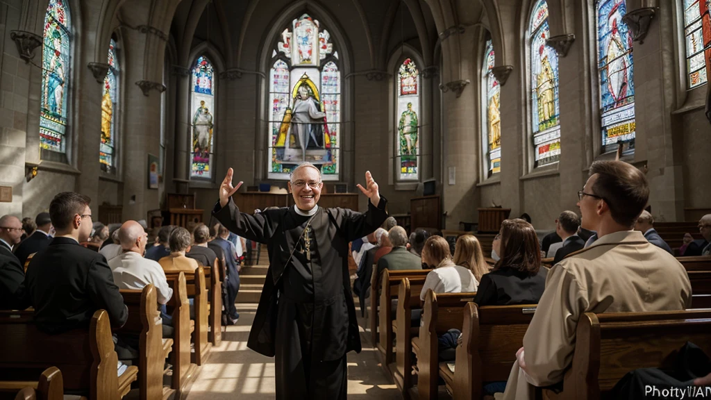A church lit by rays of sunlight that pass through colorful stained-glass windows, with different people sitting in the pews, looking forward with expressions of hope. Focus on a smiling priest in the pulpit, with his hands extended in a gesture of welcome. Photorealism style, high resolution, 8k.