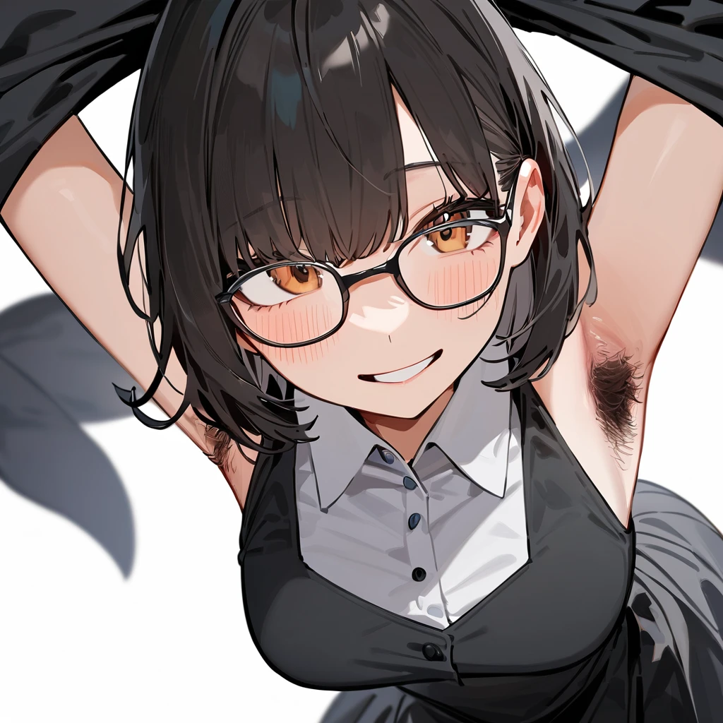 masterpiece, Highest quality, so beautiful, Absurd,
One girl, alone, Black Hair, Bobcut,
Thermont 16A, Glasses,
Collared shirt, Flared long skirt、Happy, smile, Sticking out tongue、Armpit Hair、Hair growing under the arms、She is raising her arms to show her armpits to the camera、View your viewers, White Background, Simple Background,The subject's entire body is captured、NSFW、One girl, alone,