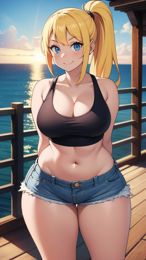 ((highres)), Masterpiece, high quality, best quality, beautiful, perfect lighting, detailed face, ultra cute face, looking at viewer, ((1girl)), ((solo)), cowboy shot, 

long blonde hair, ponytail, blue eyes, crop top, jean shorts, cleavage, medium breasts, wide hips, thick thighs, skinny, fit, smile,

Standing on a dock, ocean in background, arms behind back,
