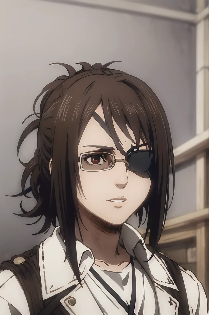 portrait of beautiful HangeAOT, 1girl, solo, black_hair, glasses, eyepatch, brown_background, volumetric lighting, best quality, masterpiece, intricate details, tonemapping, sharp focus, hyper detailed, trending on Artstation,