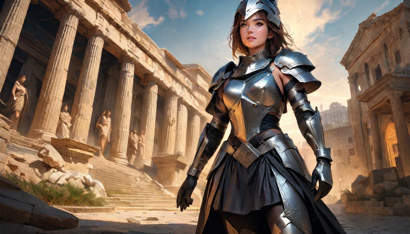 masterpiece, Best quality, 1 girl,photo, wearing hoplite armor, white toga, Studio photography, (Best quality,4K,8 K,a high resolution,masterpiece:1.2), ultra detailed, (realistic,photorealistic,photo-realistic:1.37), portraits, HDR, Greek mythology, cowboy shot ,realistic, Best quality, masterpiece, realistic , shoulder pads armor, armored boots,mittens, standing, Brown hair, whole body, Holds a great sword, breastplate, Leggings, I look at the viewer, boots, shoulder armor, Brown eyes, e.g,galea helmet, flutter e.g, Rome city background , atmospheric perspective. , ancient temples and marble columns are softly blurred in the background, the evening Mediterranean light casts a warm glow on her porcelain skin., High-resolution image, digital painting, Spiritual peace, golden ratio composition, cowboy shot, brilliant, brilliant hair, (night:1.2),Dreamy, [[gentle fingers and hands:0.55]::0.85],(detailed fingers),),(emotional),(breathtaking),(main part:1.2) whole body.), (Anime Style), (Super Detailed), (brutal), (uhd, HDR), (8k), (High Resolution: 1.2), (Complex and Beautiful: 1.2)