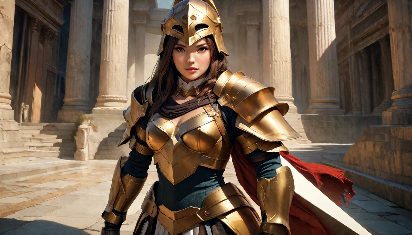masterpiece, Best quality, 1 girl,photo, wearing hoplite armor, white toga, Studio photography, (Best quality,4K,8 K,a high resolution,masterpiece:1.2), ultra detailed, (realistic,photorealistic,photo-realistic:1.37), portraits, HDR, Greek mythology, cowboy shot ,realistic, Best quality, masterpiece, realistic , shoulder pads armor, armored boots,mittens, standing, Brown hair, whole body, Holds a great sword, breastplate, Leggings, I look at the viewer, boots, shoulder armor, Brown eyes, e.g,galea helmet, flutter e.g, Rome city background , atmospheric perspective. , ancient temples and marble columns are softly blurred in the background, the evening Mediterranean light casts a warm glow on her porcelain skin., High-resolution image, digital painting, Spiritual peace, golden ratio composition, cowboy shot, brilliant, brilliant hair, (night:1.2),Dreamy, [[gentle fingers and hands:0.55]::0.85],(detailed fingers),),(emotional),(breathtaking),(main part:1.2) whole body.), (Anime Style), (Super Detailed), (brutal), (uhd, HDR), (8k), (High Resolution: 1.2), (Complex and Beautiful: 1.2)