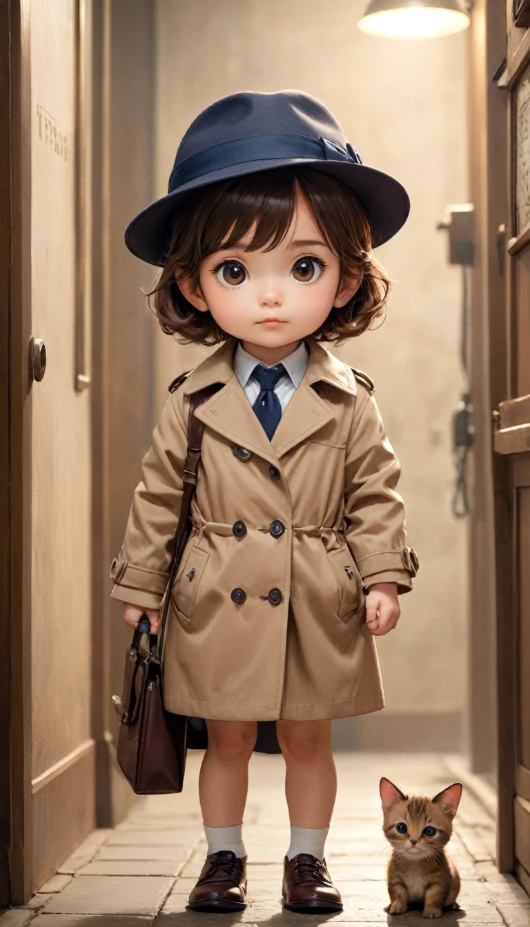  small, かわいいto be bornき物, Wearing a detective&#39;s coat and hat、Brown leather shoes、 whole body,small , Are standing, Costume, Foggy London city、 Fantasy art, Exquisite detail, Jean-Baptiste Monge Style, office、Alan Lee Style, Anthropomorphic, Fat, Scottish fold gray cat with narrow eyes, Movie Scenes, Dramatic shot angles, , Realistic, to be born々Stunning cinematic photorealism, Action Portrait, 8k, detailed, Full Frame