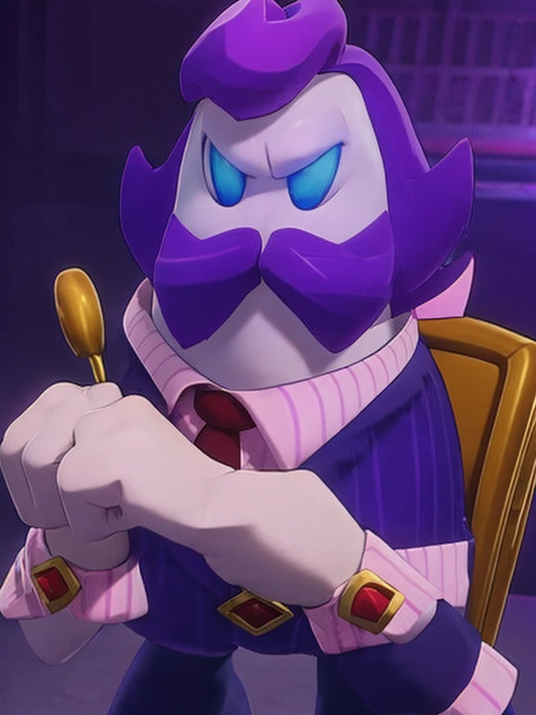  haltmann, purple hair, purple mustache, arms, wearing a dark blue suit with pink vertical lining, pink shirt, red tie, black shoes, gold suit button with a red diamond, pale purple gloves, pink cuffs, pale purple skin, blue eyes, golden earpiece with antenna