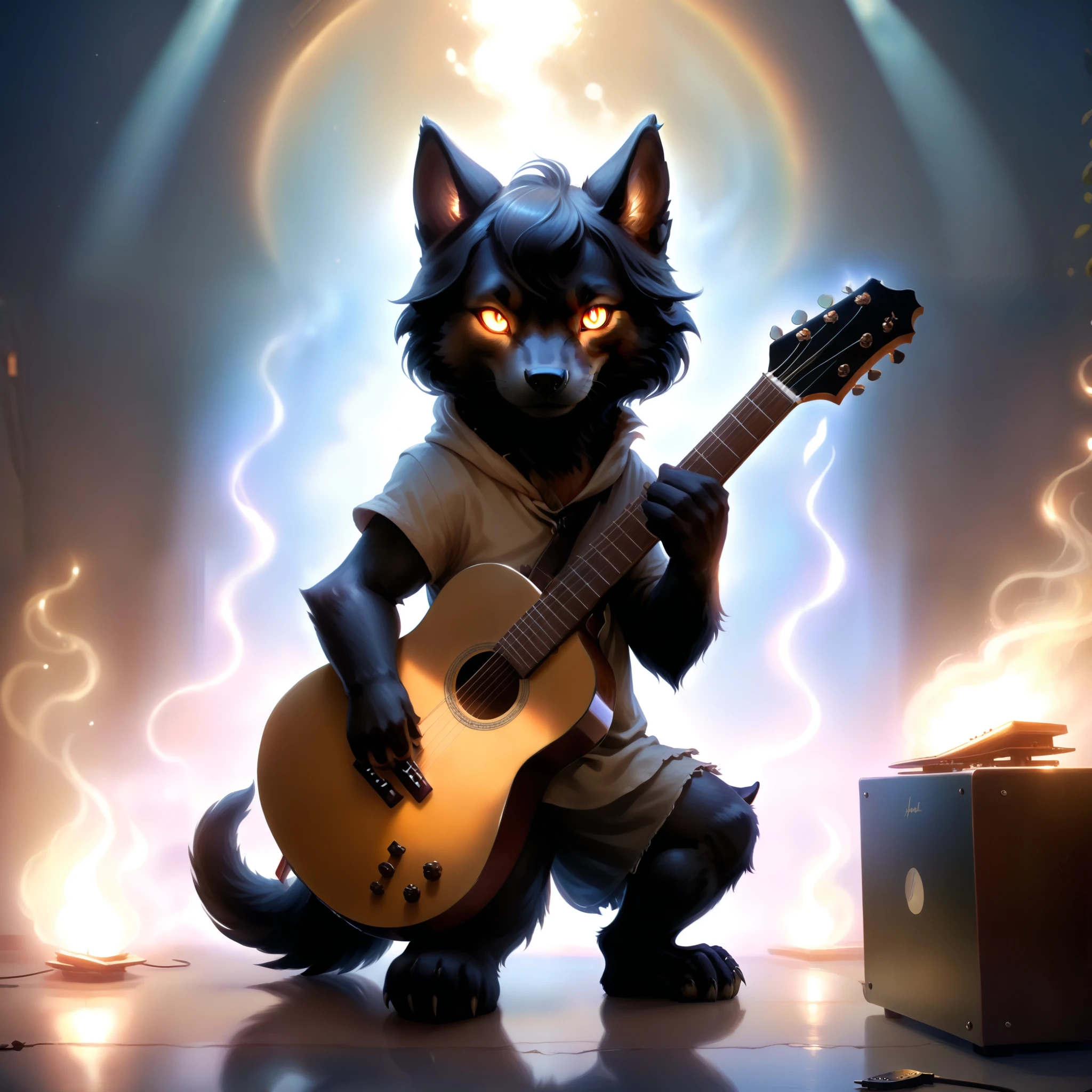 ethereal fantasy concept art of  (Highest Quality, 4k, masterpiece:1.1), (realism, photorealistic:1.4), ray traced, hyper realism, soft lighting, detailed background, film grain, (detailed fur texture:1.3),
BREAK
((black metal)) anthro shiba inu plays his guitar on the last day on earth ,(wearing black metal outfit),(( post-apocalyptic destroyed dieselpunk city background)) , fangs , angry, paws,(new dawn), (aurora borealis) , closeup, high quality photography, 3 point lighting, flash with softbox, 4k, Canon EOS R3, hdr, smooth, sharp focus, high resolution, award winning photo, 80mm, f2.8, bokeh . magnificent, celestial, ethereal, painterly, epic, majestic, magical, fantasy art, cover art, dreamy