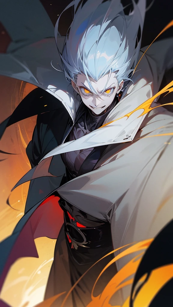anime villain with the following characteristics: He must have clear and bright eyes, a scary smile, and be wearing a long cape. The setting should have a mysterious and unsettling atmosphere, with thick fog. It shouldn't be possible to see your face completely, only your eyes and smile should be visible. The cover should flap slightly in the wind, contributing to the air of mystery and menace."