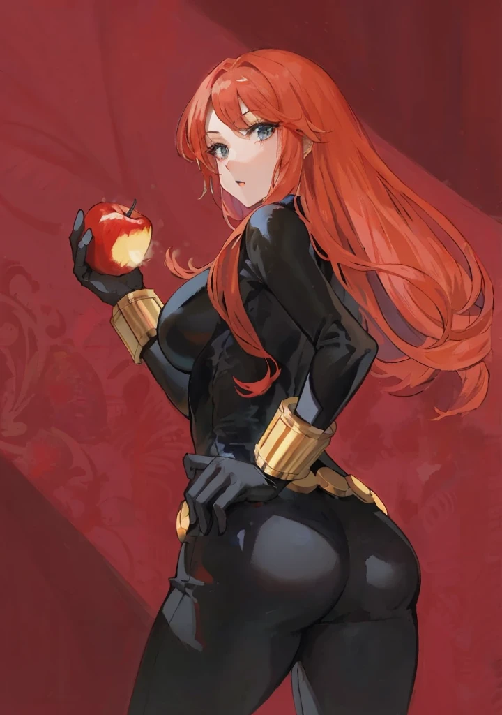 The image is a digital illustration of a red-haired woman wearing a sleek, tight-fitting black latex leather bodysuit. She also wears a belt made with golden circles at the waist and a golden wrist guard adorned with golden sticks at the wrist. She is holding an eaten apple. Her posture and the expression suggested through the descriptions convey confidence and a combination of boldness and seductiveness. The use of color, posture, and expression in the illustration suggests a narrative or character of significant power or intrigue, possibly in a fantasy or superhero context, with a blend of traditional and modern elements reflecting a complex character identity.