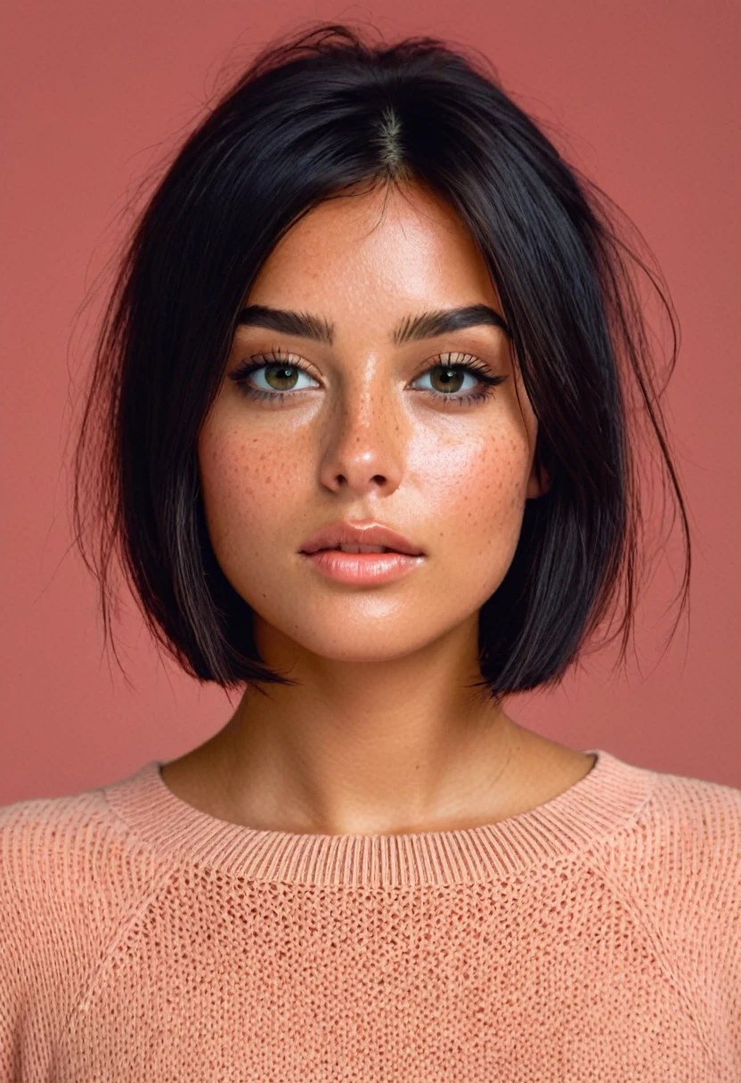 presents a young individual with very tanned skin and dark hair cut just below the chin. lots of makeup. Your eyes are light in color, and they have prominent freckles on their cheeks and nose. The individual is looking directly at the viewer, displaying a neutral to subtly thoughtful expression, with the head slightly tilted. They are wearing what appears to be a dark sweater or blouse... The background is solid, in warm tones, coral color that contrasts with the subject'dark hair and pale skin, bringing focus to your face and expression.M