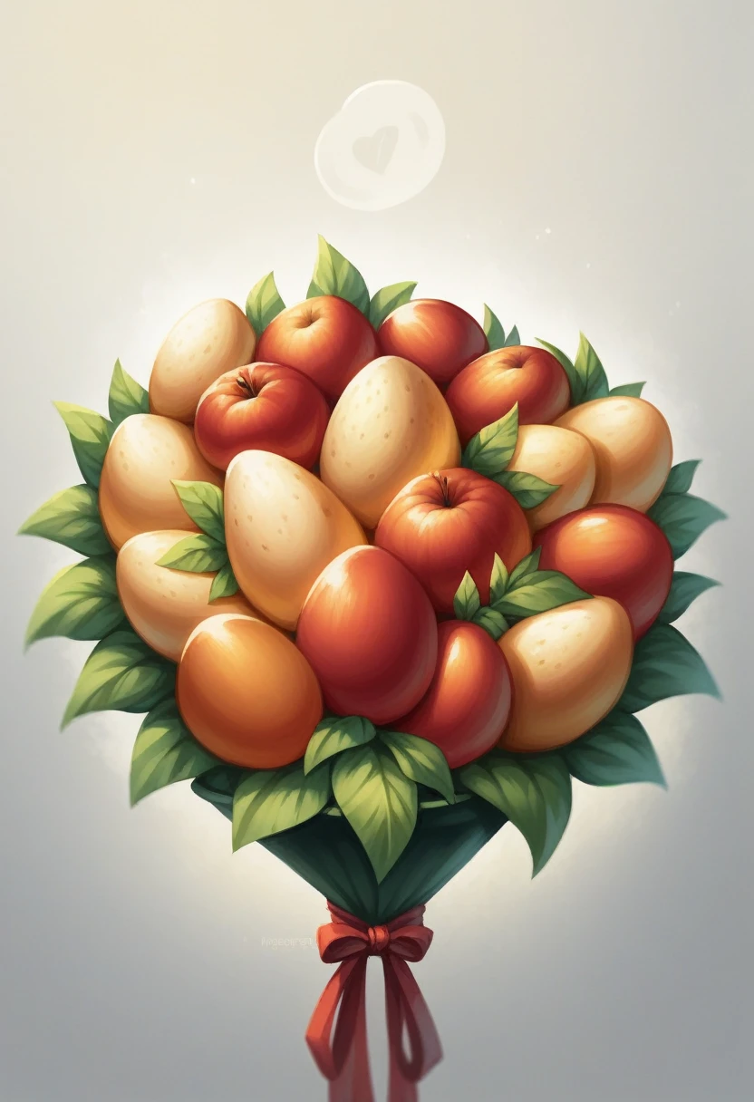 detailed bouquet where instead of flowers there are scrambled eggs with bacon and cherry tomatoes, realistic food photography, 8k, high quality, smooth lighting, glossy, appetizing, golden yellow eggs, crispy bacon, bright red tomatoes, depth of field, culinary style, natural composition, studio lighting