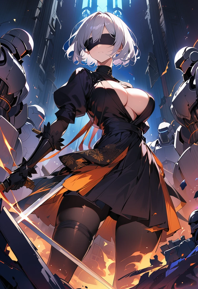 2B Nier Automata,masterpiece, 最high quality, High resolution,  Black clothes 、Torn black pantyhose、Dark church at night、Wear a miniskirt、Thin legs、Big Breasts、Slim figure、high quality　CG Tone、Gray Hair、Black blindfold、Short Bob、Surrounded by mechanical soldiers、Cutting a mechanical soldier with a sword、stylish、Japanese sword、damage、Coming under attack