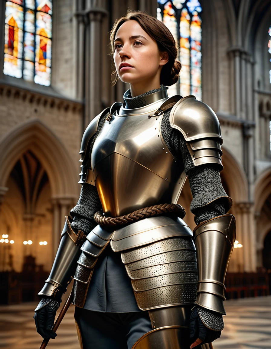 (best quality,4k,8k,highres,masterpiece:1.2),ultra-detailed,(realistic,photorealistic,photo-realistic:1.37), Jeanne d'Arc, Joan of Arc, female knight standing inside a cathedral, short braided brown hair, historical accurate armour, heroic posture, standing, cinematic lighting, vibrant colors, great composition