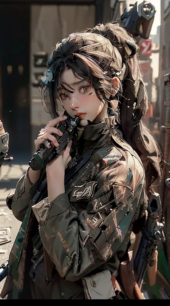 ((Best quality)), ((masterpiece)), (detailed:1.4), ((A sniper who doing sniping :1.5)), 3D, an image of a beautiful cyberpunk female,HDR (High Dynamic Range),Ray Tracing,NVIDIA RTX,Super-Resolution,Unreal 5,Subsurface scattering,PBR Texturing,Post-processing,Anisotropic Filtering,Depth-of-field,Maximum clarity and sharpness,Multi-layered textures,Albedo and Specular maps,Surface shading,Accurate simulation of light-material interaction,Perfect proportions,Octane Render,Two-tone lighting,Wide aperture,Low ISO,White balance,Rule of thirds,8K RAW,