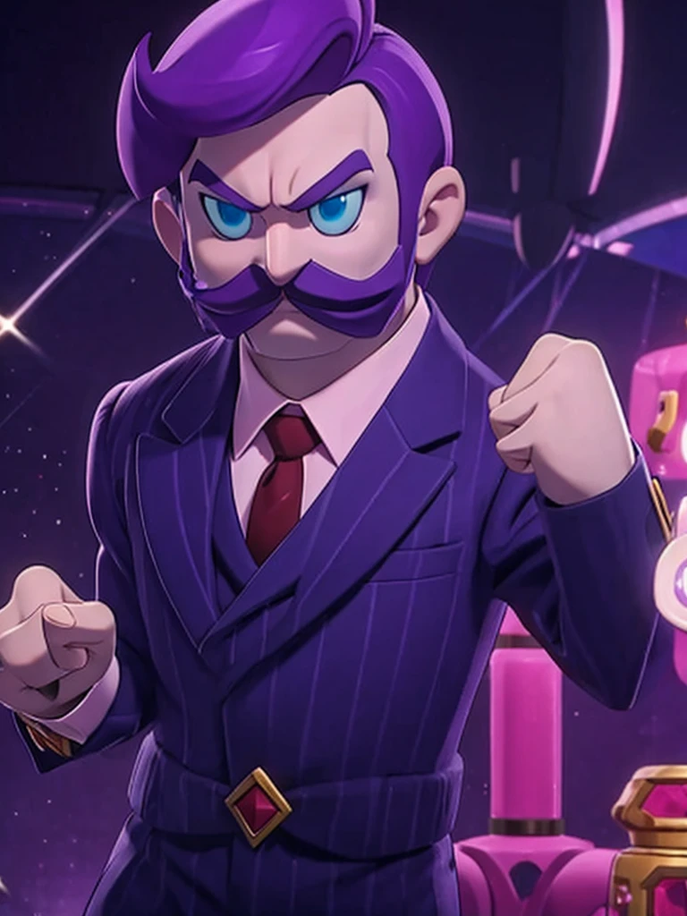  haltmann, purple hair, purple mustache, arms, wearing a dark blue suit with pink vertical lining, pink shirt, red tie, black shoes, gold suit button with a red diamond, pale purple gloves, pink cuffs, pale purple skin, blue eyes, golden earpiece with antenna