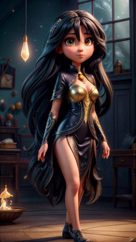 a woman with long, silky black hair, beautiful detailed eyes, beautiful detailed lips, extremely detailed face, longeyelashes, floating in an enchanted spiritual dimension, disney style magical beings of light in the starry sky, blue and golden pulsating glow, magical sparkling stars,best quality,4k,8k,highres,masterpiece:1.2,ultra-detailed,realistic,photorealistic,photo-realistic:1.37,HDR,UHD,studio lighting,ultra-fine painting,sharp focus,physically-based rendering,extreme detail description,professional,vivid colors,bokeh,fantasy,concept art