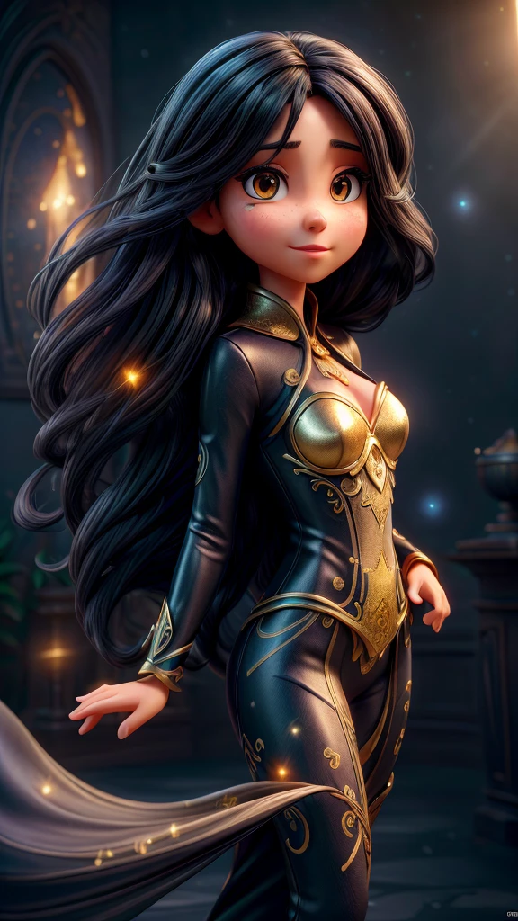 a woman with long, silky black hair, beautiful detailed eyes, beautiful detailed lips, extremely detailed face, longeyelashes, floating in an enchanted spiritual dimension, disney style magical beings of light in the starry sky, blue and golden pulsating glow, magical sparkling stars,best quality,4k,8k,highres,masterpiece:1.2,ultra-detailed,realistic,photorealistic,photo-realistic:1.37,HDR,UHD,studio lighting,ultra-fine painting,sharp focus,physically-based rendering,extreme detail description,professional,vivid colors,bokeh,fantasy,concept art
